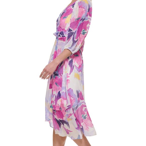 DKNY Women's Floral-Print Balloon-Sleeve Tie-Waist V-Neck Dress Size 12 - Picture 9 of 10